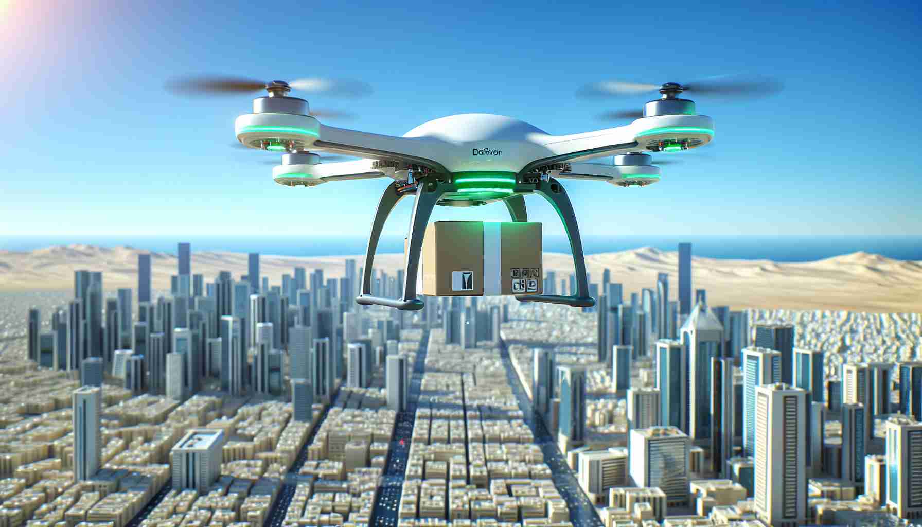 High-definition realistic depiction of pioneering drone delivery service being launched in a Middle-Eastern country, showcasing a drone carrying a small package, hovering over a cityscape. The drone has futuristic design elements, with a green light indicating its active status. It's a bright sunny day, reflecting off the city buildings and the drone, with cloudless blue sky above. This revolution in logistics indicates how technology advancements are transforming traditional methods of delivery.