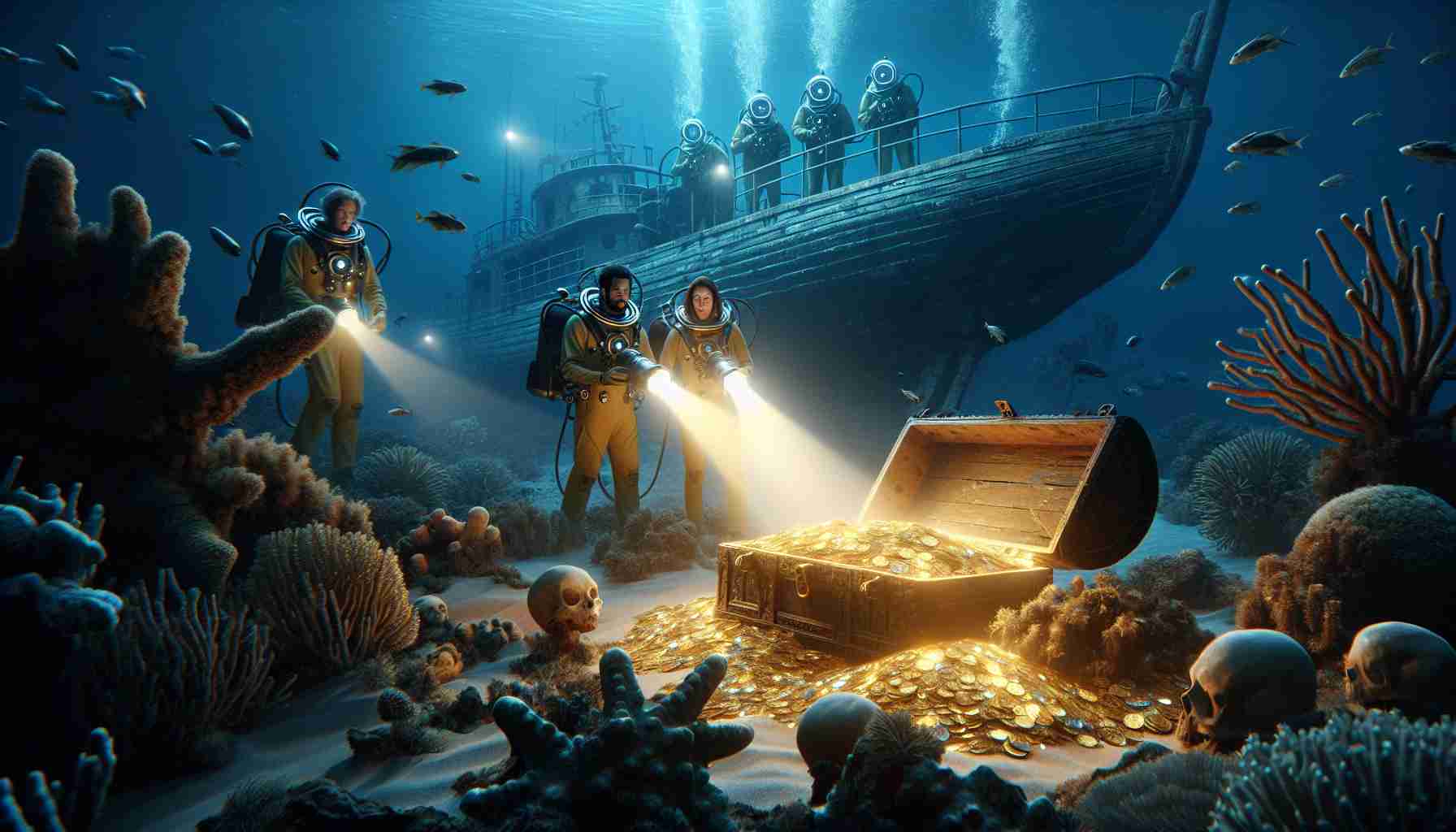 Imagine a screenshot from an undersea documentary. In the dim, bioluminescent glow, a team of diverse marine biologists (a Caucasian woman, a Black man, and a South Asian woman) in an advanced submersible are encountering an unexpected discovery on the ocean floor. Their spotlight illuminates a magnificent, untouched treasure chest bursting with gold coins and jewels. The chest sits beside a centuries-old shipwreck, its ancient timbers encrusted with coral and teeming with fish. The scene is rich in detail and photorealistic. The surprising discovery contrasts sharply with the desolate underwater landscape