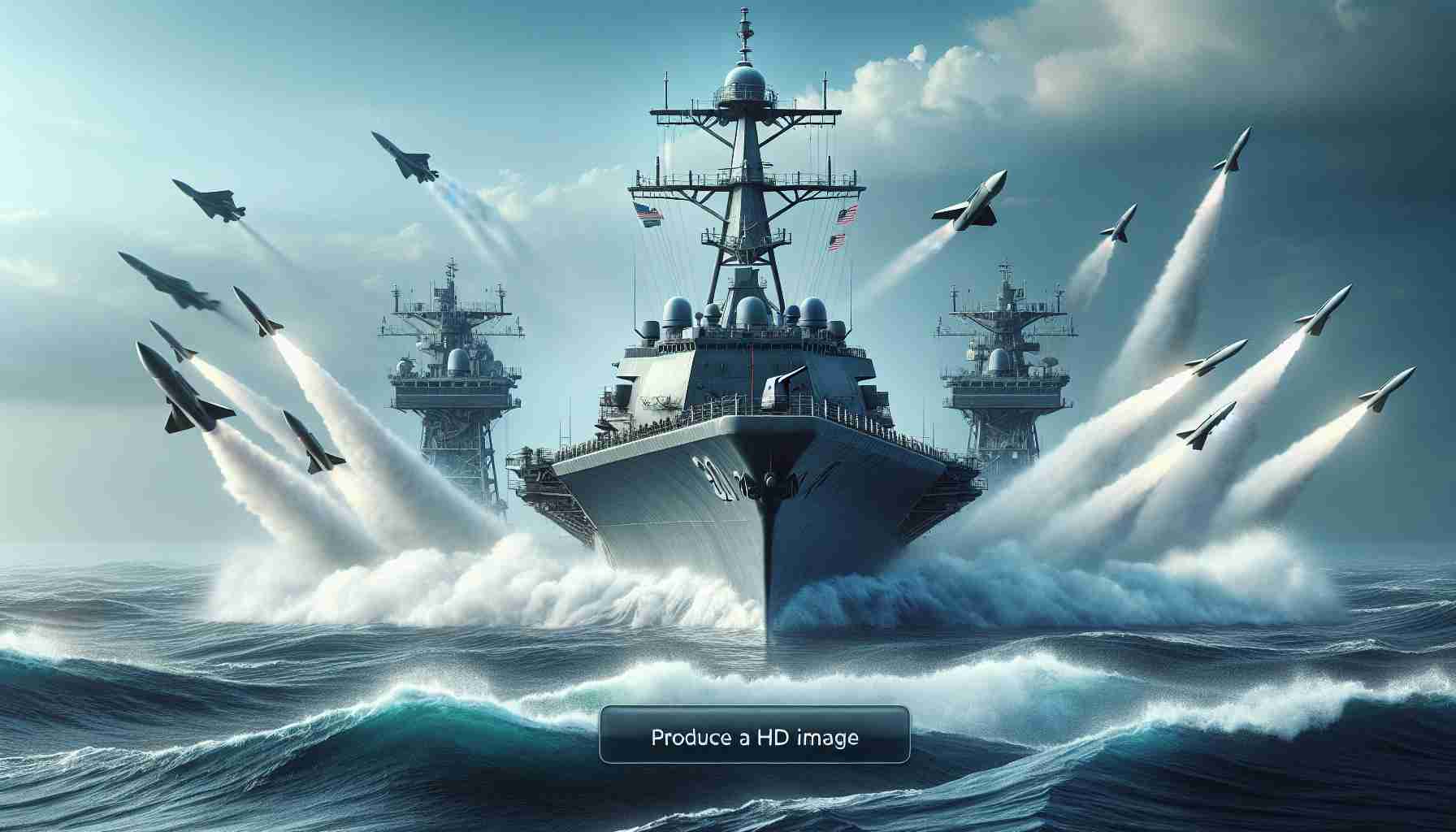 Produce an HD image depicting a generic navy in a maritime setting, successfully performing long-range interception tests. Visual elements should include a massive battleship, radars, high-speed missiles piercing through a clear sky, and turbulent waters beneath the vessel. Try to understand the tension, precision, and importance that comes with such operations.