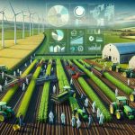 Create a realistic, high-definition image showcasing agricultural support being reformed in the European Union. The bountiful, green fields are filled with state-of-the-art machinery operated by a balanced mixture of Caucasians, Black, and Hispanic men and women, wearing protective gear. The farm is an example of sustainable farming practices with an emphasis on renewable energy - wind turbines in the background, and solar panels installed on farm buildings. Also, illustrate visual aids such as pie charts, graphs that manifest financial aid, policy changes, and the impact on productivity.