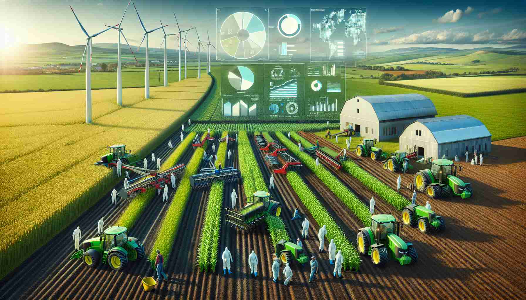 Create a realistic, high-definition image showcasing agricultural support being reformed in the European Union. The bountiful, green fields are filled with state-of-the-art machinery operated by a balanced mixture of Caucasians, Black, and Hispanic men and women, wearing protective gear. The farm is an example of sustainable farming practices with an emphasis on renewable energy - wind turbines in the background, and solar panels installed on farm buildings. Also, illustrate visual aids such as pie charts, graphs that manifest financial aid, policy changes, and the impact on productivity.