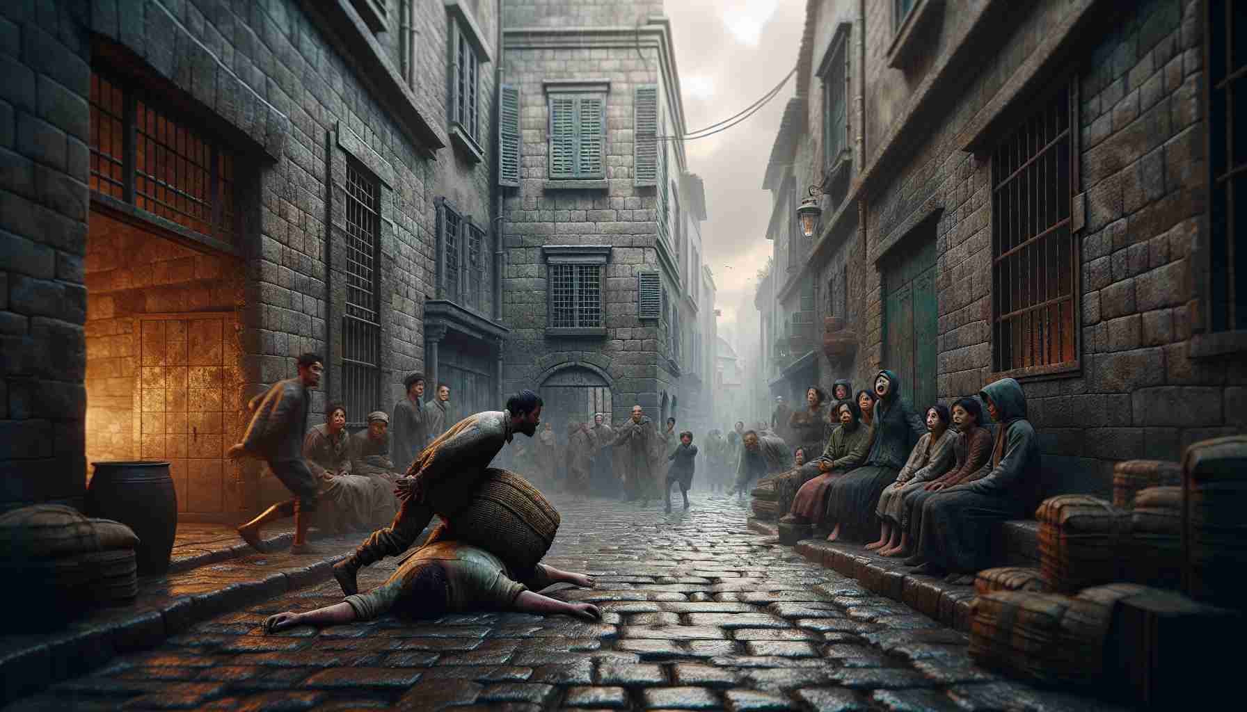 A realistic high-definition depiction of a hypothetical scene representing exploitation in France. The image should be intense with muted colors, depicting an urban setting with old stone buildings and narrow, cobbled streets typical of France. The foreground could encompass an individual of Asian descent being unfairly loaded with a disproportional burden of work. Onlookers, with a mix of Caucasian and Hispanic descent, could express concern, fear or disbelief. The overall ambiance should capture a tense atmosphere, clearly indicating the disturbing aspect intended. Please avoid any explicit or offensive imagery while conveying the message.