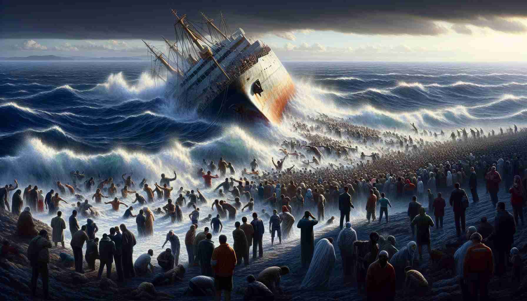 A high-definition, realistic illustration capturing the tragedy of loss at sea, possibly due to a devastating shipwreck, storm, or other maritime disaster. Highlight the emotional intensity and human struggle through the use of color, shadow, lighting, and well-placed figures in the composition. Meanwhile, also depict the subsequent influx of migrants arriving at the Balearic Islands. Show people of various descents - Middle Eastern, Hispanic, African, and Caucasian - seeking refuge on the shores of the islands, exhibiting a wide-range of emotions: hope, fear, relief, and uncertainty.