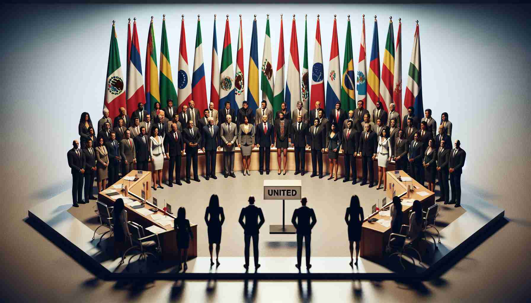 A realistic, high-definition image depicting a symbolic scene of Latin American nations uniting. The scene could feature a group of delegates, all of different ethnicities and genders to represent diversity, standing together in a conference room setting, with flags of Latin American countries in the background. There could be a sign that reads 'United for Justice'. The group could be portrayed in a serious discussion, reflecting their opposition to an unjust arrest warrant.