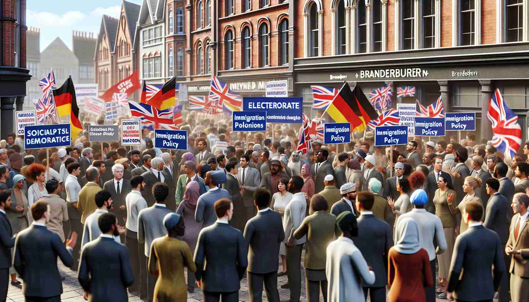 A high-definition realistic image depicting a generalised political scenario, where the citizens of a hypothetical electorate resembling that found in Brandenburg voice their support for a conceptual social democratic party amidst immigration policy discussions. This scene includes banners, placards, and individuals of various of descents such as Caucasian, Hispanic, Middle-Eastern, Black, South Asian having heated but civil discussions, reflecting a diverse and democratic society.