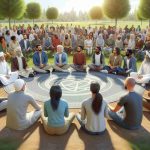 A realistic, high-definition image showing a peaceful gathering for 'Promoting Harmony Through Interfaith Dialogue'. Participants would be from a diverse range of religions, all engaging in friendly dialogue. Picture individuals of different genders and descents like Caucasian, Black, Hispanic, Middle-Eastern, South Asian, etc., all equally represented. Surroundings could include a serene park setting with trees and a clear blue sky. The individuals could be seated in a circle, actively engaged in conversation, emphasizing respect, understanding, and unity.