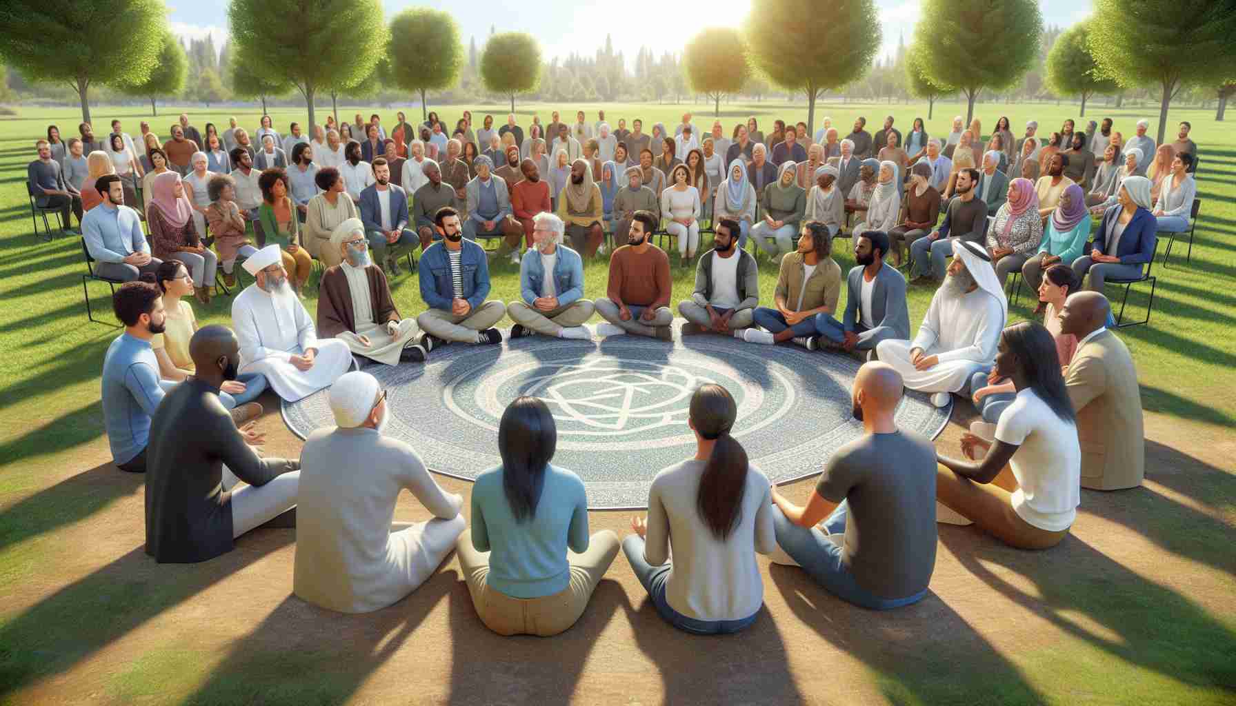 A realistic, high-definition image showing a peaceful gathering for 'Promoting Harmony Through Interfaith Dialogue'. Participants would be from a diverse range of religions, all engaging in friendly dialogue. Picture individuals of different genders and descents like Caucasian, Black, Hispanic, Middle-Eastern, South Asian, etc., all equally represented. Surroundings could include a serene park setting with trees and a clear blue sky. The individuals could be seated in a circle, actively engaged in conversation, emphasizing respect, understanding, and unity.