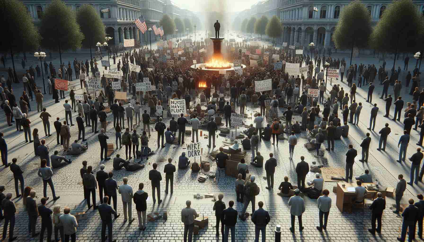 A highly detailed realistic image presenting a scene of public protest against a government's policies following a tragic hostage incident. The scene should show peaceful protestors gathering in a city square, carrying homemade banners and signs. The atmosphere should be a mix of somber and determined, with people of various ages and professions in attendance. Please make sure the image is set during the day so the details can be seen clearly in daylight.