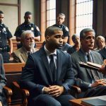 Generate a realistic, high-definition image of a courthouse scene with a variety of individuals present. The main focus should be on a middle-aged Black male wearing formal attire, sitting with a look of discomfort on his face, perhaps due to health issues. Flanking him are his attorney, a South Asian woman in a tailored suit, taking notes, and a supportive family member, a Hispanic middle-aged man. In the background, court officers, a mix of men and women of varying descents including Caucasian, Middle Eastern, and East Asian, talk quietly, suggesting a delay in the proceedings. The overall mood is of concern and waiting.