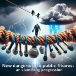 High-definition, realistic image depicting the concept of new dangers to public figures: an alarming progression. The image should creatively express the seriousness of this trend without showcasing explicit or graphic violence. It could include symbolic elements like a gauntlet of microphones suggesting intense scrutiny, a storm cloud implying looming danger, or a tightrope indicating the precarious position these figures often find themselves in.