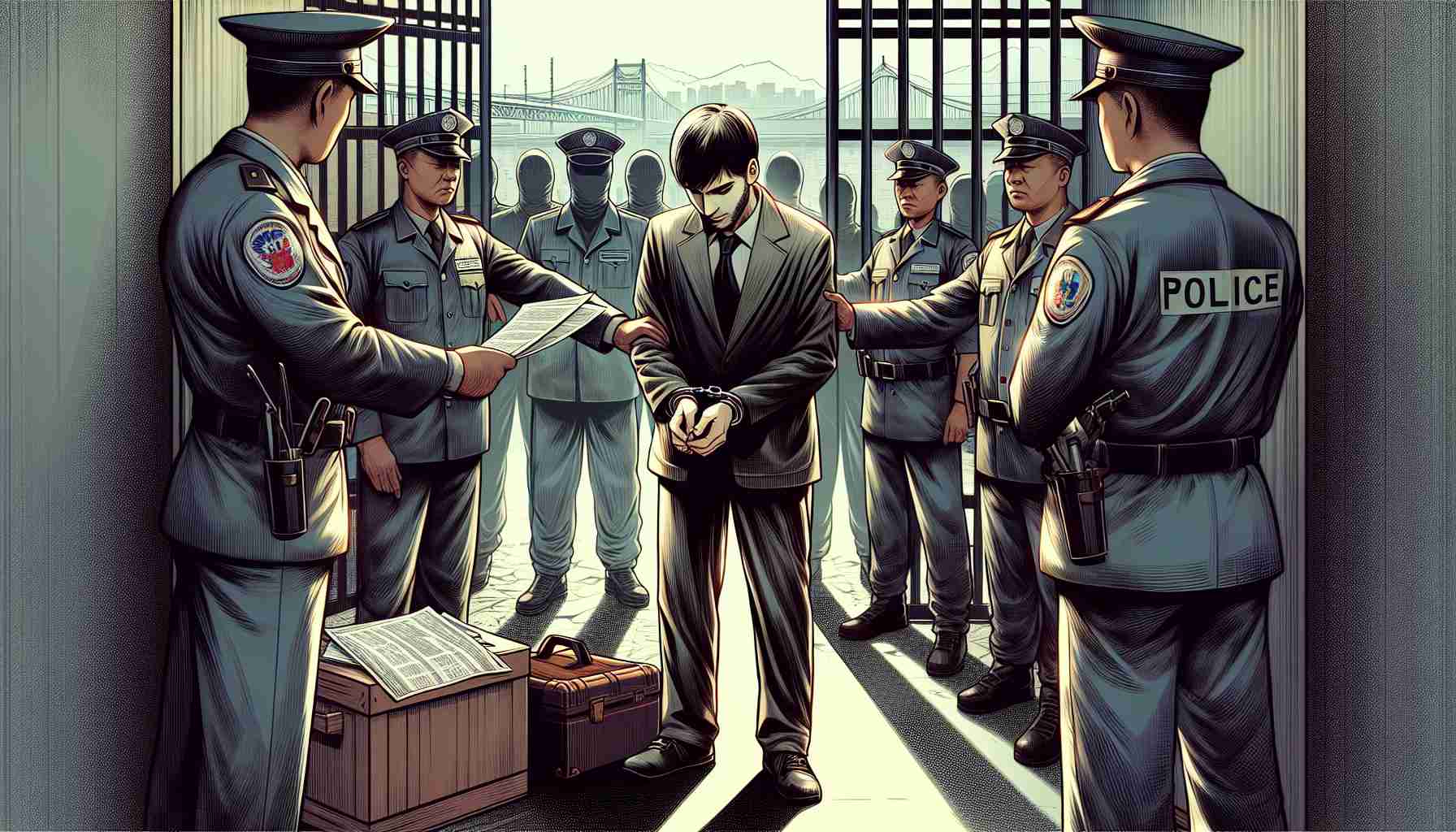 Generate a realistic, high-definition depiction of the process of repatriating criminals as a measure towards ensuring safety. This illustration should depict a scene in a national boundary with officials handling the peaceful transition of an individual from one jurisdiction to another. While the identity of the person isn't relevant, he should depict a typical criminal essence with restraints. The overall atmosphere should be serious and formal, portraying a strong sense of justice and order, which contributes to the feeling of safety.