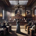 An image in high definition photo-realistic style of a dramatic courthouse scene in France. In the room, the accuser, a subtle yet courageous woman, stands before the court to confront her offender. The courtroom is filled with emotion and intensity as onlookers anticipate the proceedings. Notable features are French architectural accents on the interior and the traditional wooden furniture of the courtroom, providing a feeling of measured solemnity to the scene.