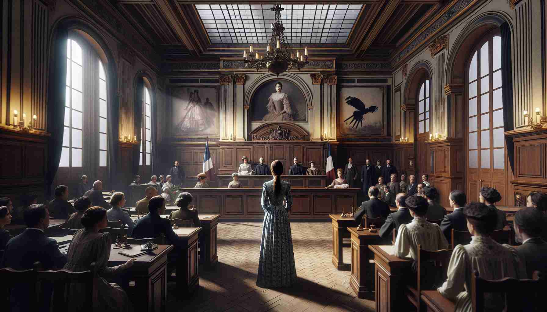 An image in high definition photo-realistic style of a dramatic courthouse scene in France. In the room, the accuser, a subtle yet courageous woman, stands before the court to confront her offender. The courtroom is filled with emotion and intensity as onlookers anticipate the proceedings. Notable features are French architectural accents on the interior and the traditional wooden furniture of the courtroom, providing a feeling of measured solemnity to the scene.