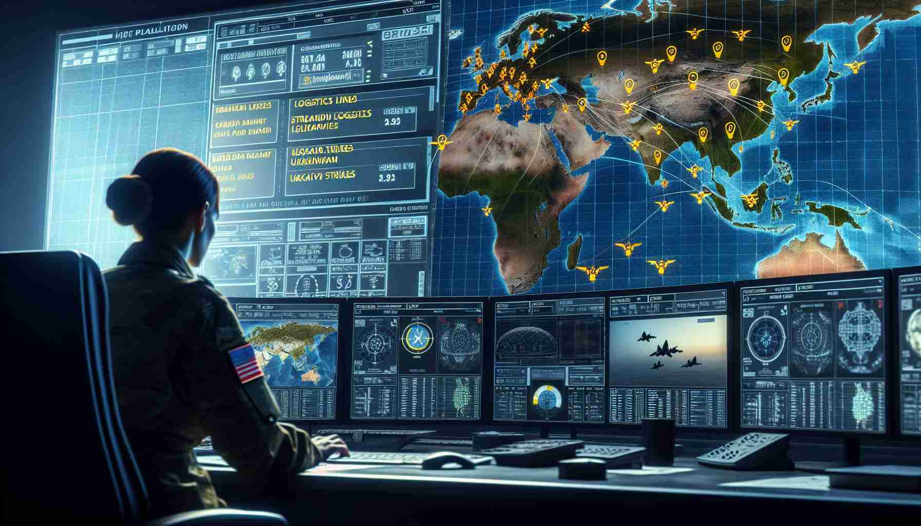 A high-definition image, in realistic style, showcasing a dramatized depiction of a scenario inspired by real events: a desktop with multiple screens displaying classified strategic data. A British intelligence analyst, of Middle-Eastern descent and female, is observing. Symbols on the screen represent strained logistics lines, presumably Russian's, due to implied UAV strikes, presumably Ukrainian, with map overlays of Eastern Europe. Please exclude real country ideograms, official logos or identifiable data.