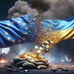 A high-definition, realistic image representing the concept of the European Union increasing financial aid for Ukraine in the midst of a conflict. The image could illustrate a large EU flag next to a smaller Ukrainian flag, with the EU flag showering golden coins (symbolising financial aid) onto the Ukrainian flag. In the background, there should be an abstract image of conflict - perhaps smoke and broken buildings, but all kept abstract and non-violent.