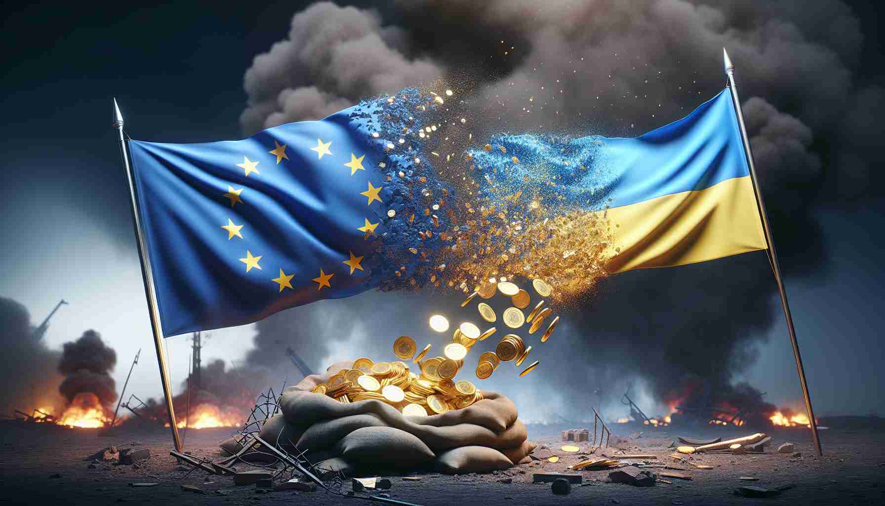 A high-definition, realistic image representing the concept of the European Union increasing financial aid for Ukraine in the midst of a conflict. The image could illustrate a large EU flag next to a smaller Ukrainian flag, with the EU flag showering golden coins (symbolising financial aid) onto the Ukrainian flag. In the background, there should be an abstract image of conflict - perhaps smoke and broken buildings, but all kept abstract and non-violent.