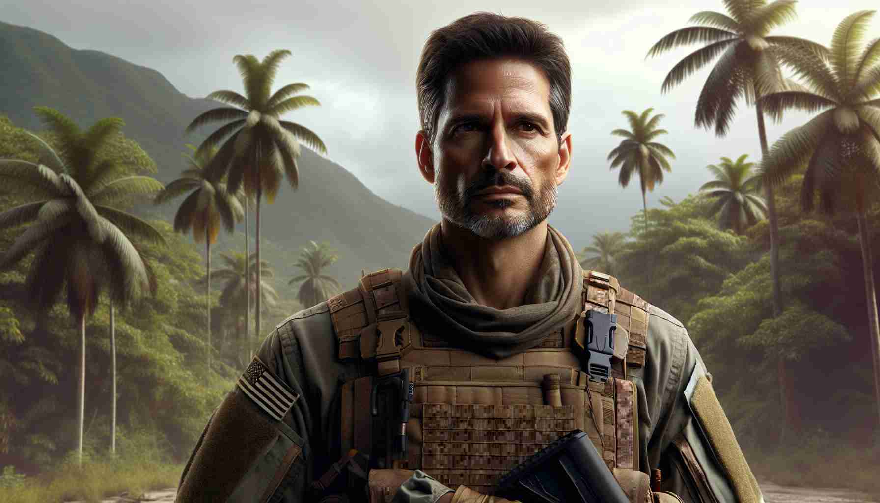 Realistic HD photo of a middle-aged man with Hispanic descent, known for his eloquence and strategic thinking, under protection in a tropical South American environment resembling Venezuela.