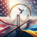 High definition, realistic image of a symbolic representation of ongoing commitment from the United States to Ukraine during a period of conflict. This may include imagery such as a bridge symbolizing connection and support, the colors of the American flag and the Ukrainian flag overlaying the bridge, and doves flying overhead as a universal symbol of peace. Please avoid any direct references to specific politicians or public figures.