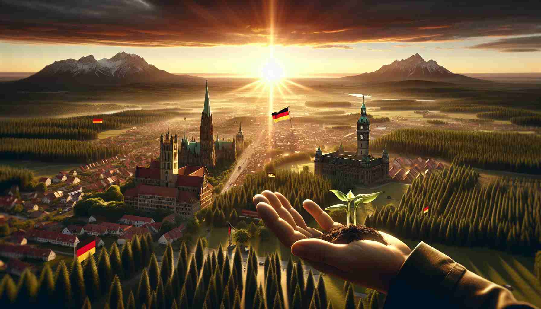 A high-definition realistic image that encapsulates the metaphorical 'New Dawn' concept in the setting of German regions, Turingia and Sajonia. This may be depicted as a stunning sunrise over both the regions showcasing notable landmarks, forestry, or local buildings. Accompany the scene with elements suggesting political change or progression; this can be visual metaphors such as emergent seedlings, or perhaps a hand casting a vote. Please exclude any direct reference to individuals or specific political parties.