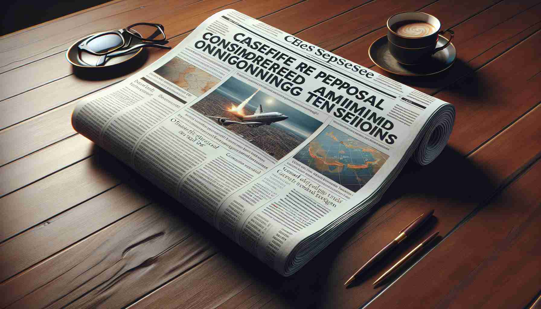 Realistic high definition image of a rolled up newspaper on a table. The newspaper's headline reads 'Ceasefire Proposal Considered Amid Ongoing Tensions'. The newspaper includes several articles, images and charts related to international news. The table is made of dark, polished wood and there's a cup of hot coffee and reading glasses placed beside the newspaper.