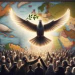 A detailed, high-resolution image representing the pressing call for unity amidst rising tensions in the Middle East. The scene features a symbolic dove carrying an olive branch in its beak, flying over a map showing countries of the Middle East. The olive branch is glowing, signifying peace and unity. Below the dove, people from various Middle Eastern descents are standing together hand-in-hand, expressing solidarity and unity. The faces of the people are hopeful and determined. The overall mood of the image is earnest and inspiring.