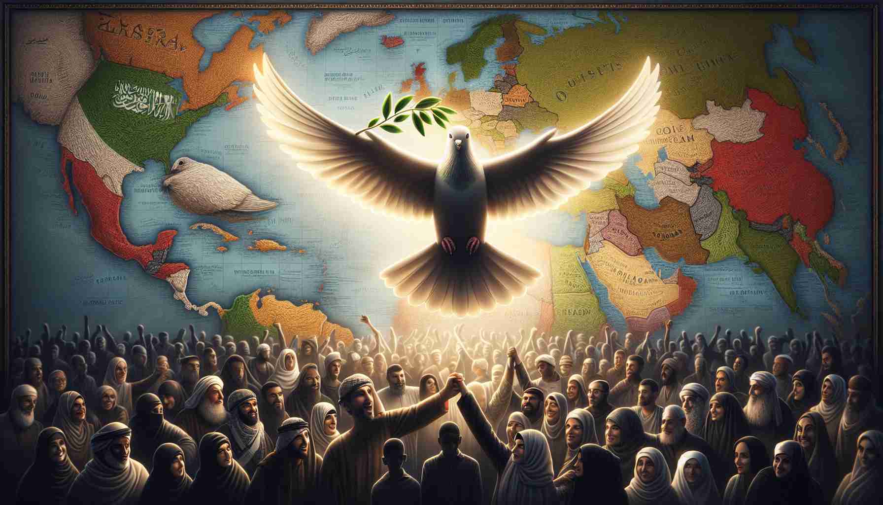 A detailed, high-resolution image representing the pressing call for unity amidst rising tensions in the Middle East. The scene features a symbolic dove carrying an olive branch in its beak, flying over a map showing countries of the Middle East. The olive branch is glowing, signifying peace and unity. Below the dove, people from various Middle Eastern descents are standing together hand-in-hand, expressing solidarity and unity. The faces of the people are hopeful and determined. The overall mood of the image is earnest and inspiring.