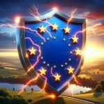 Realistic high-definition image of a conceptual representation of the European Union's Strategic Defense Against Disinformation, depicted as a shield adorned with the stars symbol of the EU, and lightning bolts representing the disinformation. The background is a beautiful European landscape at sunrise, symbolizing a new day and hope.