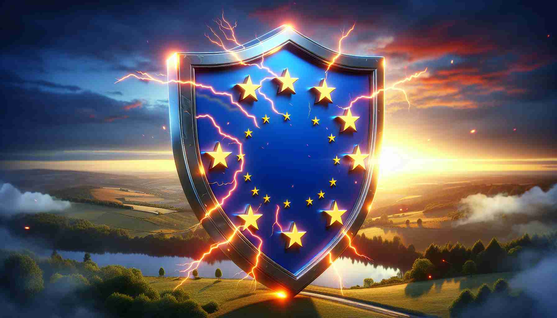 Realistic high-definition image of a conceptual representation of the European Union's Strategic Defense Against Disinformation, depicted as a shield adorned with the stars symbol of the EU, and lightning bolts representing the disinformation. The background is a beautiful European landscape at sunrise, symbolizing a new day and hope.