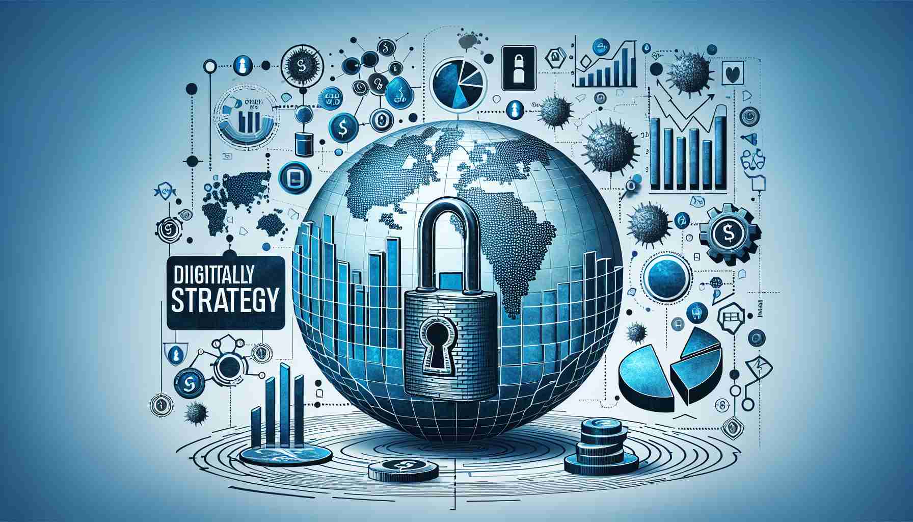 An HD illustration of a new financial strategy design involving digitally frozen assets. The scene should control a sense of seriousness and caution, depicting abstract symbols and objects that represent strategies such as graphs, pie charts, and lock symbols to indicate frozen assets. The title should read 'Support Strategy' and the context should be global finance, but without attaching to any specific country.