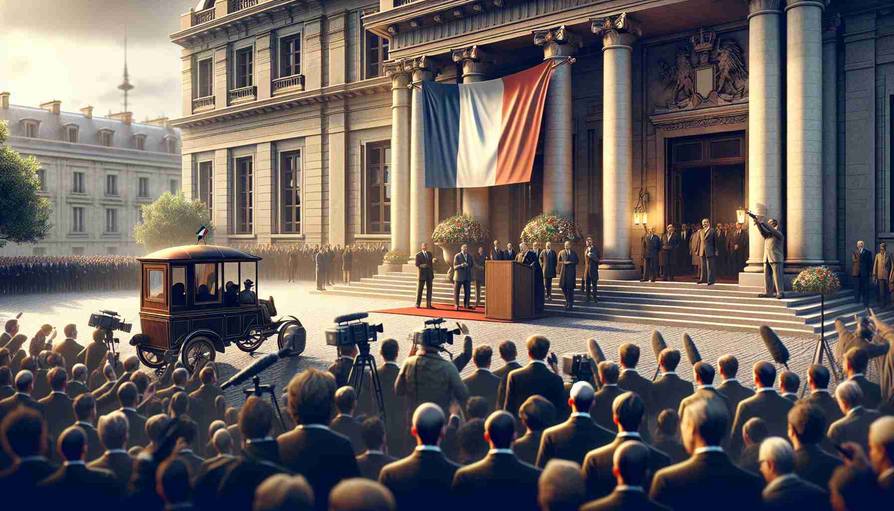 A high definition image capturing a significant political event in France, where a new government official is being appointed amidst a period of political turmoil. The scene should include a formal government building, a French flag hanging from its facade, and a throng of journalists and citizens gathered. There should be a conveyance indicating the arrival of the new appointee, but the specific person should not be visible.