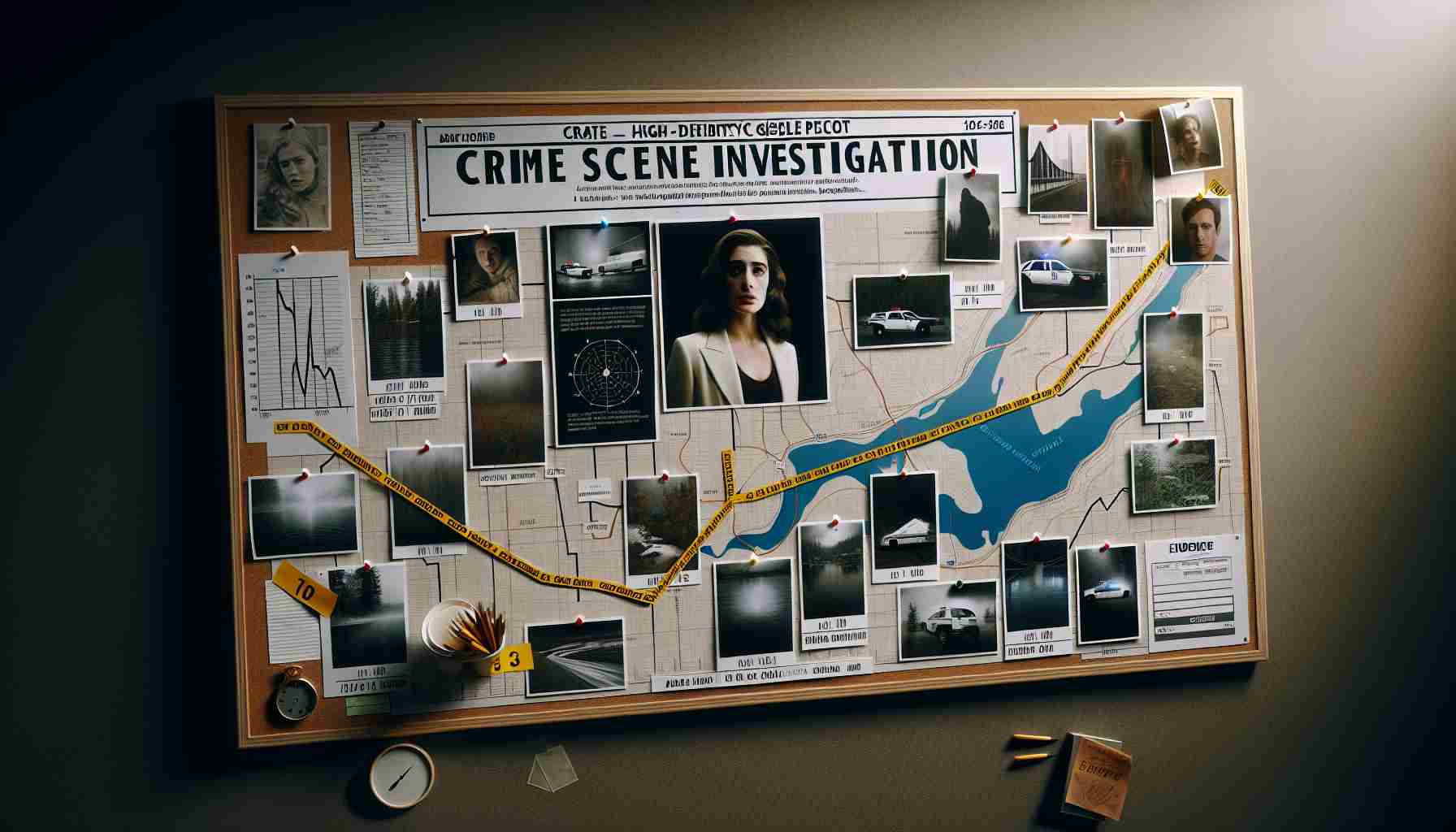 Create a high-definition, realistic image of a crime scene investigation display board for the Tragic Case of Gisèle Pelicot. The board should include a timeline charting a ten-year period with key dates and events marked, a map indicating significant locations, evidence photos, and notes alluding to a difficult, prolonged mystery.