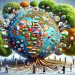 A high-definition, realistic image that metaphorically represents the growing interest in the expansion of the BRICS countries (Brazil, Russia, India, China, and South Africa). Visualize this concept as a thriving, lush tree with branches that reach out to different parts of the globe, representing the various BRICS countries. Each branch is vibrant and robust, demonstrating the prosperous growth of these nations. We can see people of diverse descents, like Middle-Eastern, Black, Hispanic, Caucasian, and South Asian, tending to the tree. Various elements signifying economy, such as currency symbols or investment charts, can also be subtly integrated into the scene.