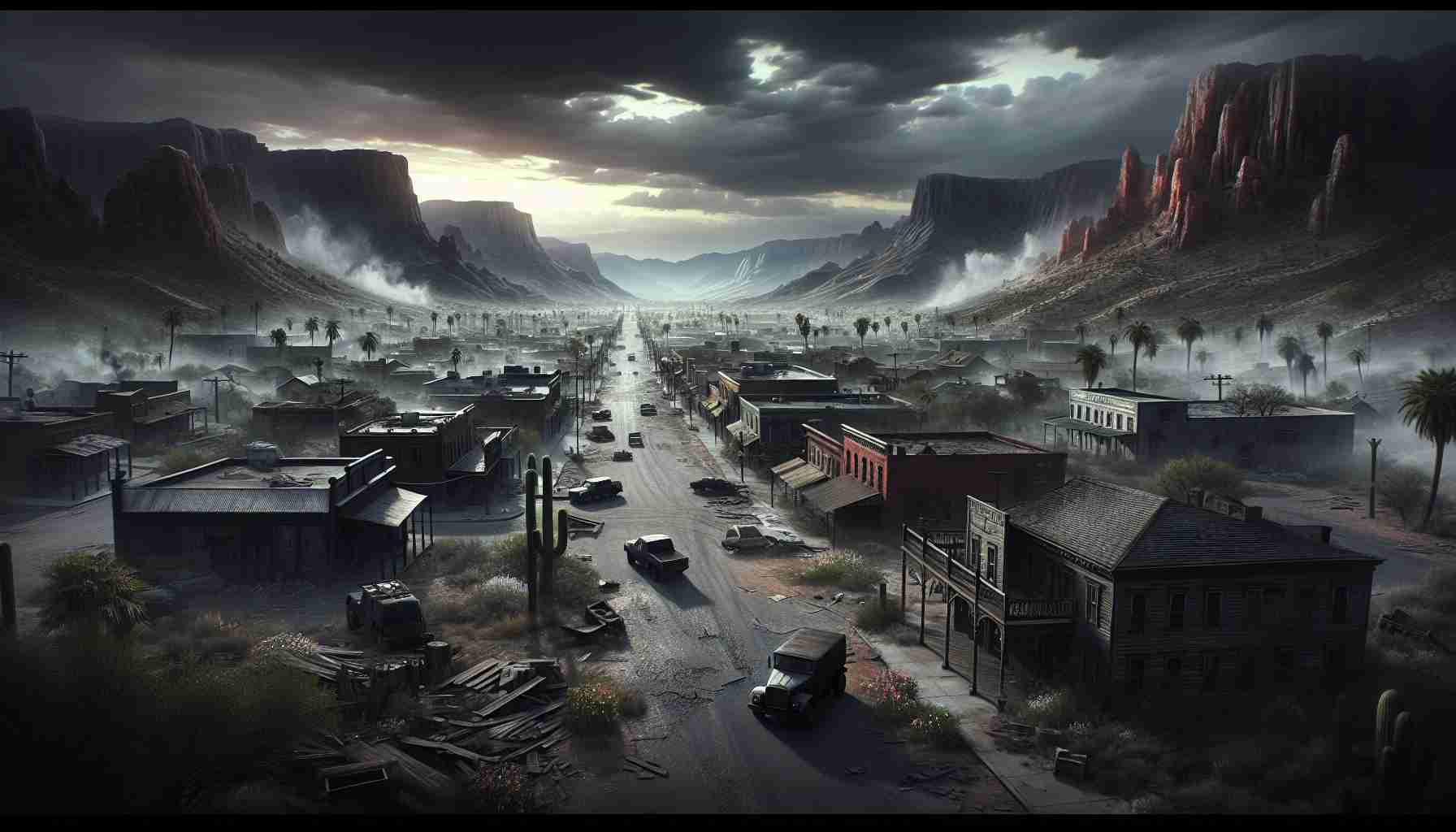 A dramatic, realistic HD depiction of a landscape under conflict in an anonymous Western region. The image should show signs of turmoil and unrest but not explicit violence. Include deserted streets, damaged buildings, and abandoned vehicles. The sky should be overcast, symbolizing the gloom that has settled over the region. Smoky impressions should linger in the air, indicating recent disturbances.