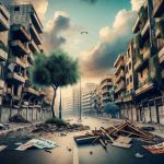 HD realistic image presenting the palpable tension and struggle in an urban city similar to Beirut. The framing captures a deserted street with remnants of barricades, protest signs discarded on the asphalt, and buildings sporting faded paint and dust from disuse. On a more hopeful note, a single resilient tree is present, growing amidst the rubble and ruins. The sky is a mix of bright and gloomy hues, mirroring the dichotomy of crisis and resilience. There is no human present in the frame, putting a focus purely on the aftermath of the crisis.