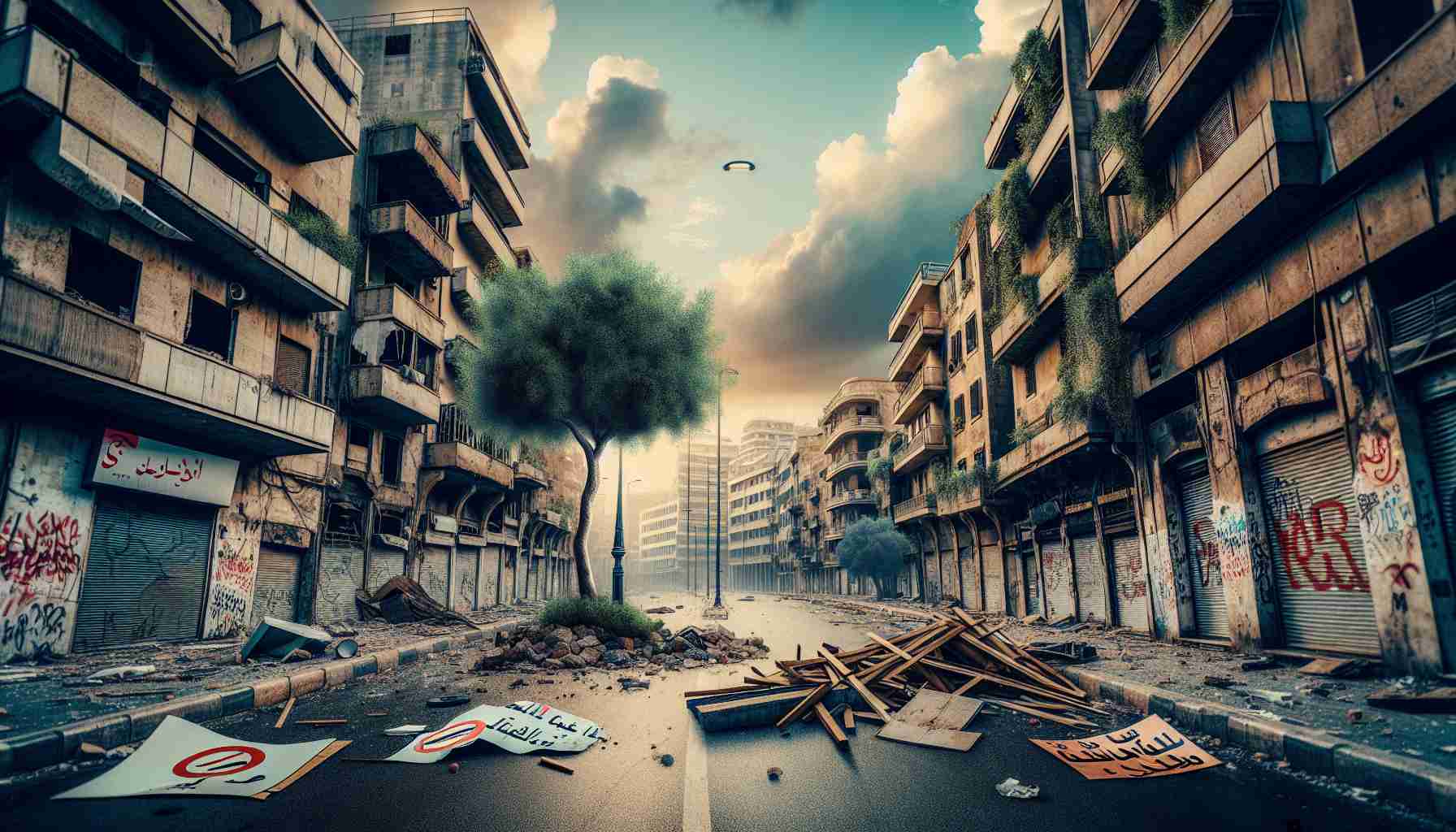 HD realistic image presenting the palpable tension and struggle in an urban city similar to Beirut. The framing captures a deserted street with remnants of barricades, protest signs discarded on the asphalt, and buildings sporting faded paint and dust from disuse. On a more hopeful note, a single resilient tree is present, growing amidst the rubble and ruins. The sky is a mix of bright and gloomy hues, mirroring the dichotomy of crisis and resilience. There is no human present in the frame, putting a focus purely on the aftermath of the crisis.