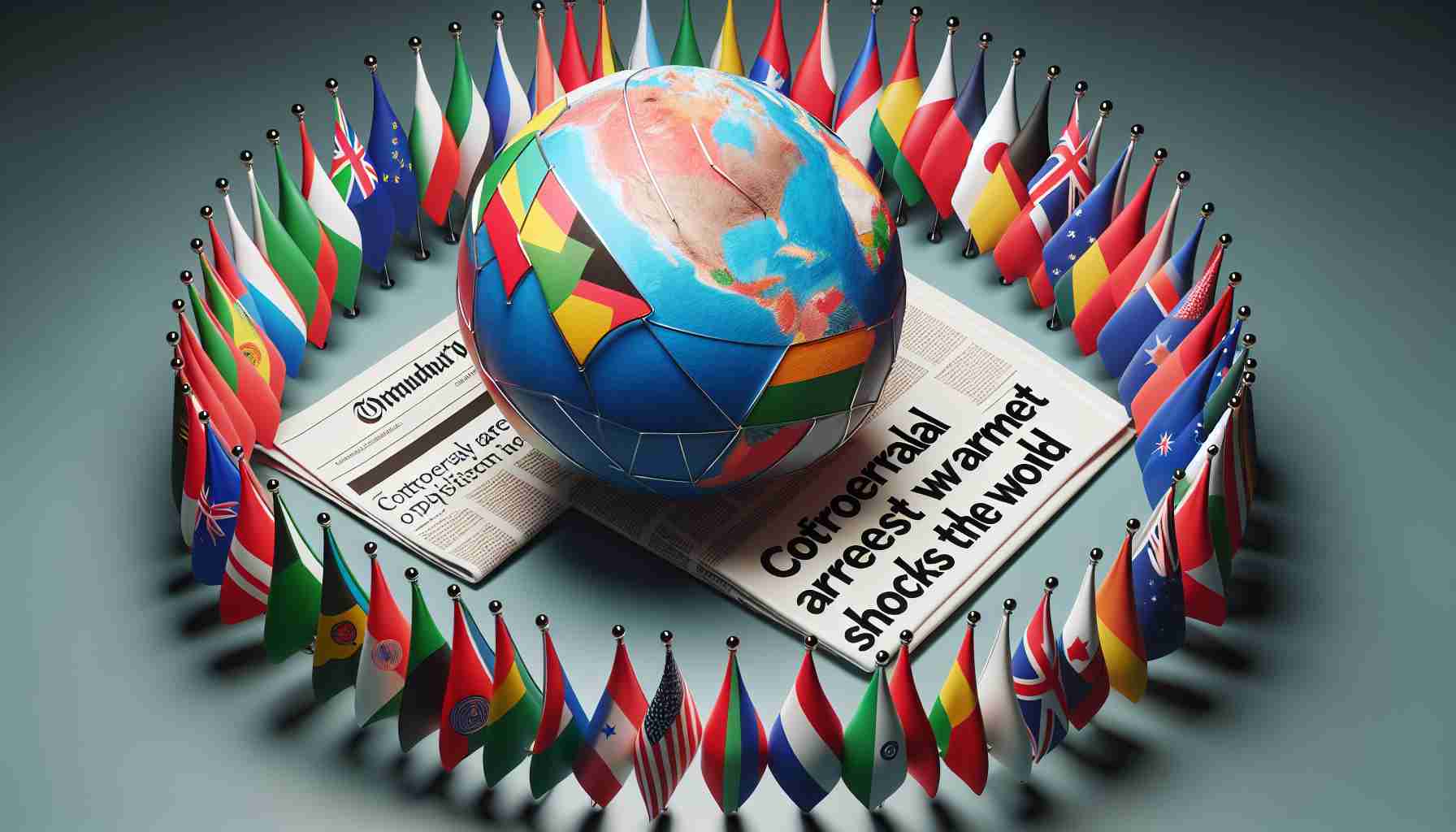 A representation of an international condemnation, symbolized by different flags coming together from global regions like North America, Europe, Africa, Asia, South America, and Australia. A newspaper headline reads 'Controversial Arrest Warrant for Opposition Leader Shocks the World'. Display these elements in a realistic, high-definition image.