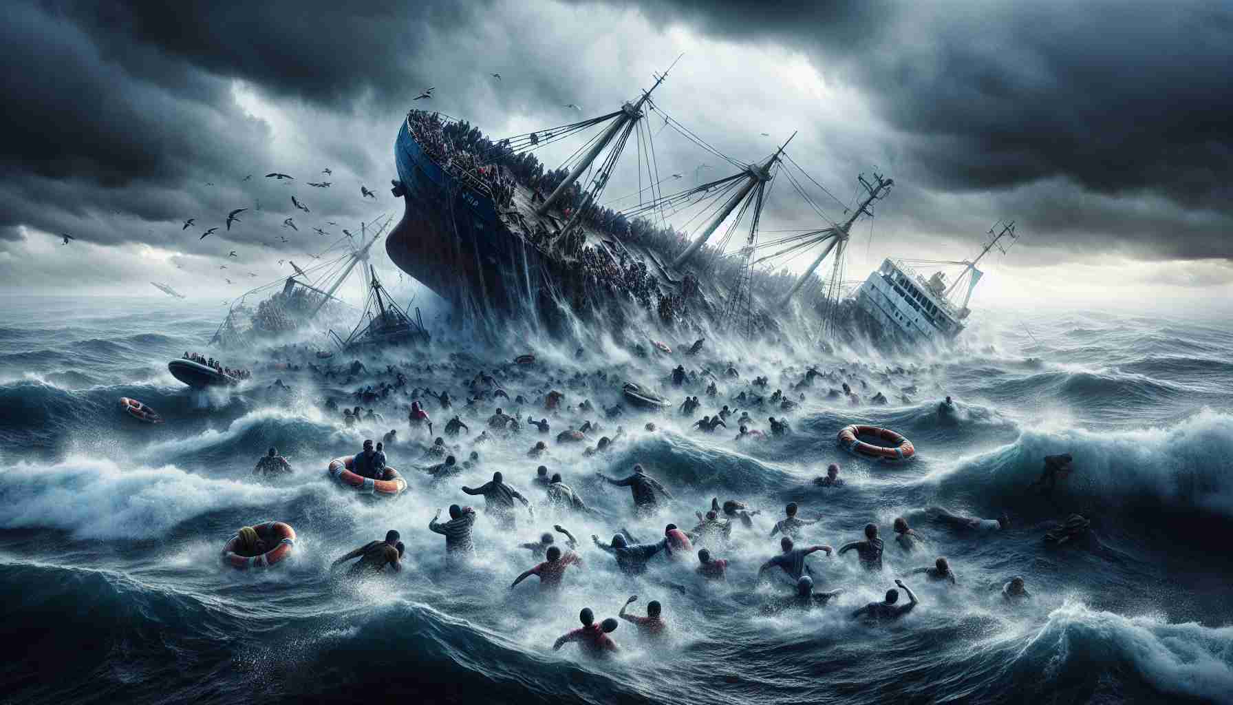 Realistic high-definition image of a devastating shipwreck scene occurring in the English Channel, demonstrating the perilous journey of migrants as they are attempting to cross the body of water. The scene is filled with turmoil as people of various races and genders are scrambling for safety amidst the churning waves, stricken ship debris, and threatening stormy sky overhead. It stands as a stark reminder of the human cost that can occur during such risky endeavors.