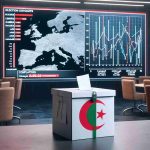 Realistic HD photo of contentious election outcomes displayed on a news channel, with a paper ballot box in the foreground. The backdrop includes a map of Algeria and a graph displaying conflicting results. No human figures are included in the scene.