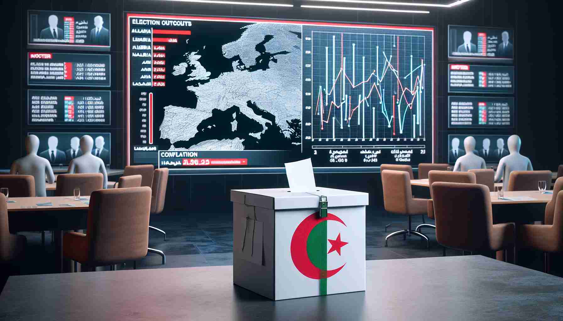 Realistic HD photo of contentious election outcomes displayed on a news channel, with a paper ballot box in the foreground. The backdrop includes a map of Algeria and a graph displaying conflicting results. No human figures are included in the scene.