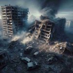 Hyper-realistic high definition image depicting a sorrowful scene of the aftermath of an unspecific missile strike in the city of Poltava, showing the resulting devastation. The image should capture the unfortunate scene of collapsed buildings, the debris scattered around, and traces of smoke clouding the sky. It should overall convey the drama and despair tied to such disasters.