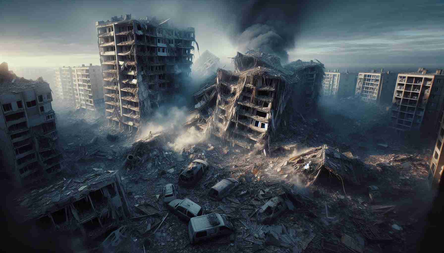 Hyper-realistic high definition image depicting a sorrowful scene of the aftermath of an unspecific missile strike in the city of Poltava, showing the resulting devastation. The image should capture the unfortunate scene of collapsed buildings, the debris scattered around, and traces of smoke clouding the sky. It should overall convey the drama and despair tied to such disasters.