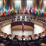 High-definition image of an assembly of Latin American countries expressing formal opposition to an arrest warrant in the context of a political crisis, symbolized by individual representatives at a round table with various national flags. Each representative has a unique and serious facial expression, portraying their steadfast opposition. Set in a grand and well-lit conference room to illustrate the gravity and pivotal nature of the situation.