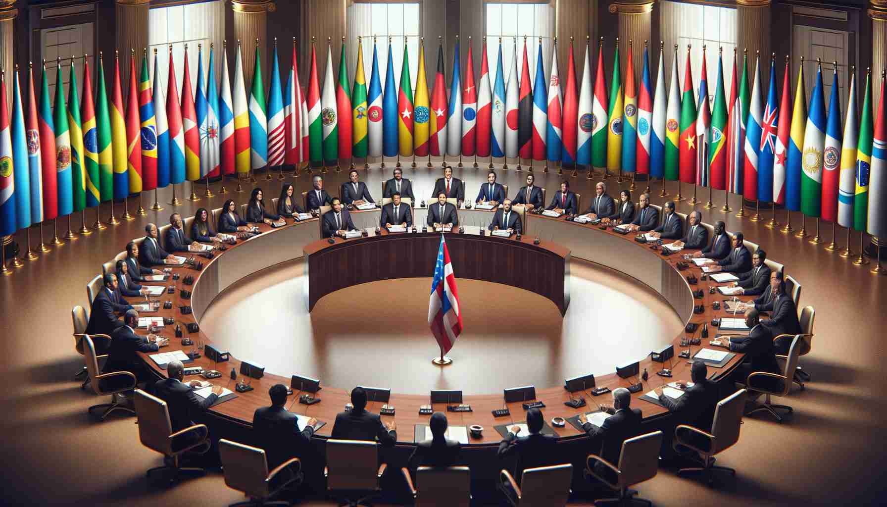 High-definition image of an assembly of Latin American countries expressing formal opposition to an arrest warrant in the context of a political crisis, symbolized by individual representatives at a round table with various national flags. Each representative has a unique and serious facial expression, portraying their steadfast opposition. Set in a grand and well-lit conference room to illustrate the gravity and pivotal nature of the situation.