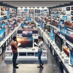 A high resolution, realistic image depicting the complexity of buying a television. The scenario includes an array of modern flat-screen televisions displayed in an electronics store, each with various technical specifications and price tags. In the foreground, a South Asian female and Black male reading and comparing the details on the price tags and the bewildering variety of choices. The setting is bright, full of products, and conveying a sense of overwhelm with many different brands, screen sizes, resolution quality, and technology options (like 4K, OLED, HDR, smart TV features) illustrated.