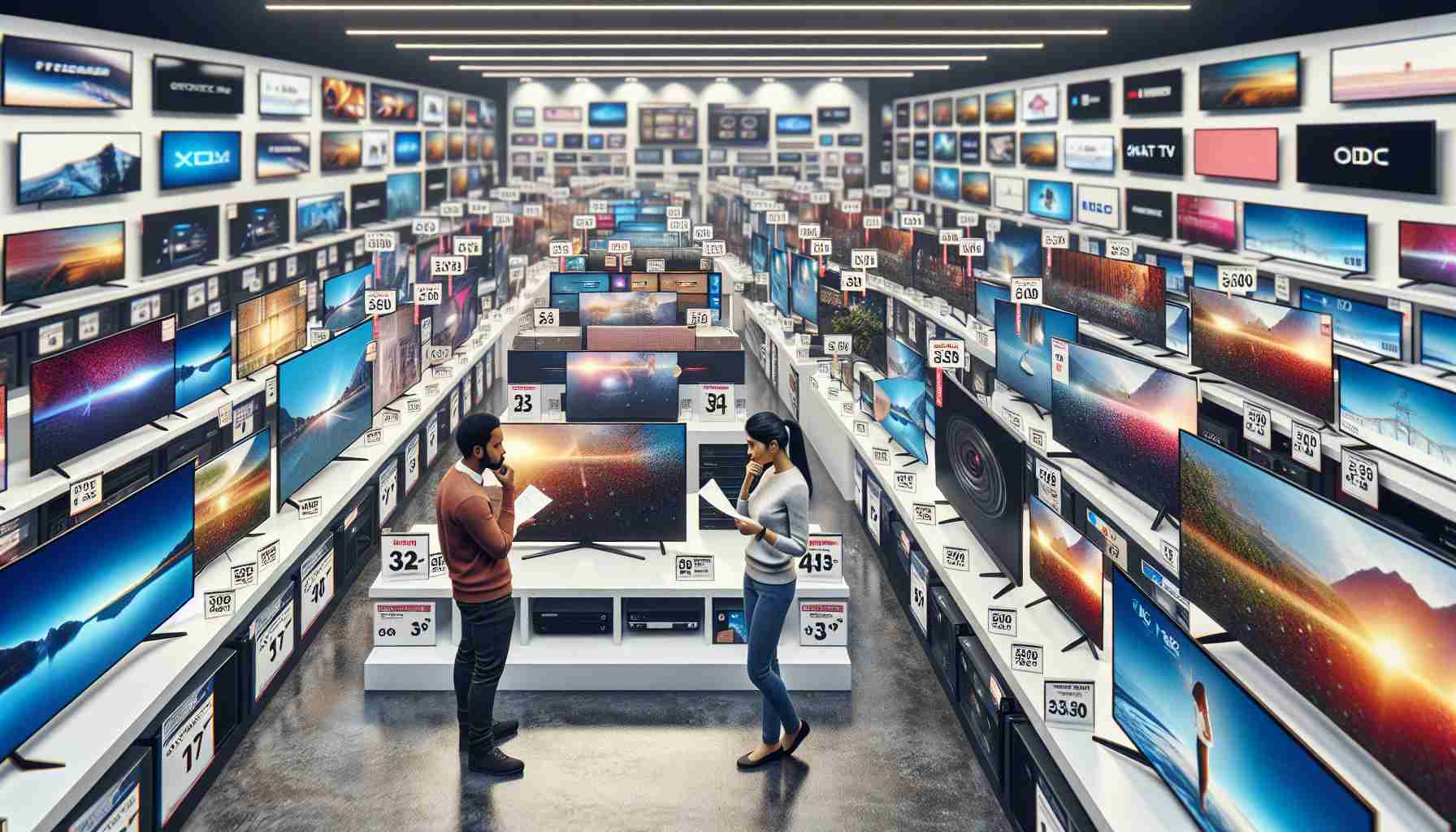 A high resolution, realistic image depicting the complexity of buying a television. The scenario includes an array of modern flat-screen televisions displayed in an electronics store, each with various technical specifications and price tags. In the foreground, a South Asian female and Black male reading and comparing the details on the price tags and the bewildering variety of choices. The setting is bright, full of products, and conveying a sense of overwhelm with many different brands, screen sizes, resolution quality, and technology options (like 4K, OLED, HDR, smart TV features) illustrated.