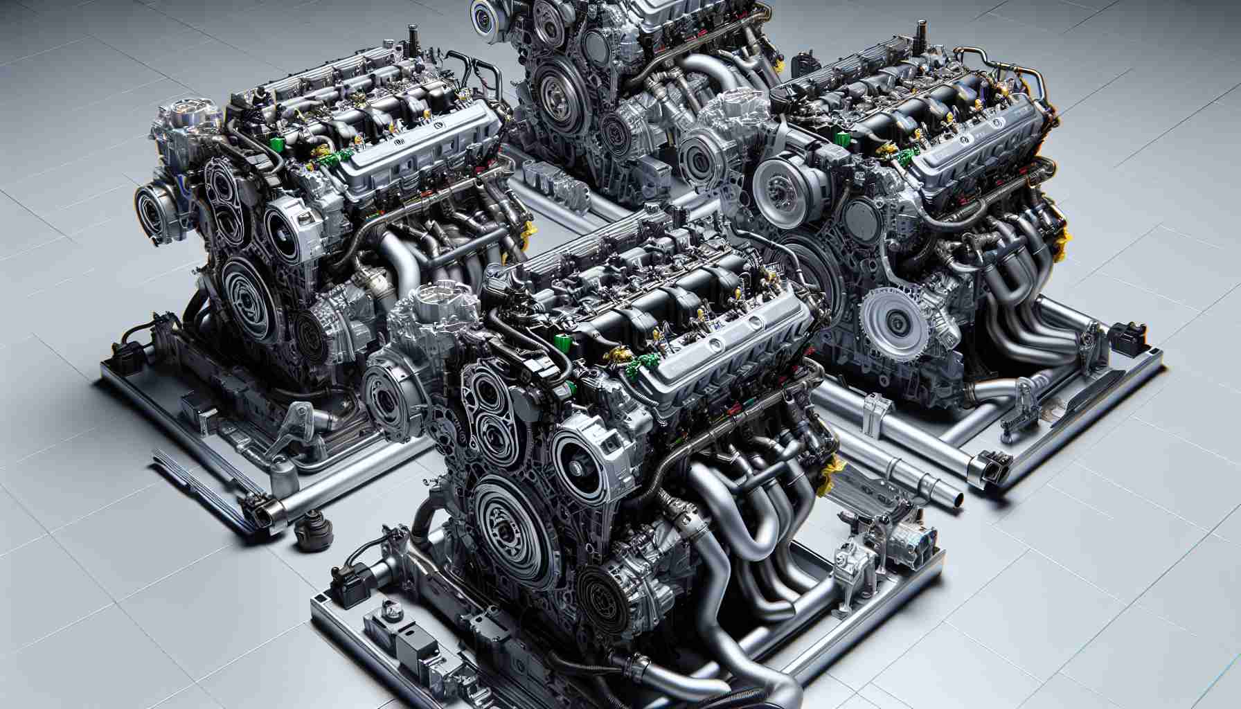 An HD-quality, hyperrealistic image that visually delineates the distinctions between assorted VR engine models from Nissan, a well-known automobile manufacturer. The image could include a side-by-side comparison of the engines, with the main differences highlighted and annotated. The engines should be highly detailed with attention paid to components and internal structure. The background should be neutral and non-distracting, ensuring the focus remains on the engines.