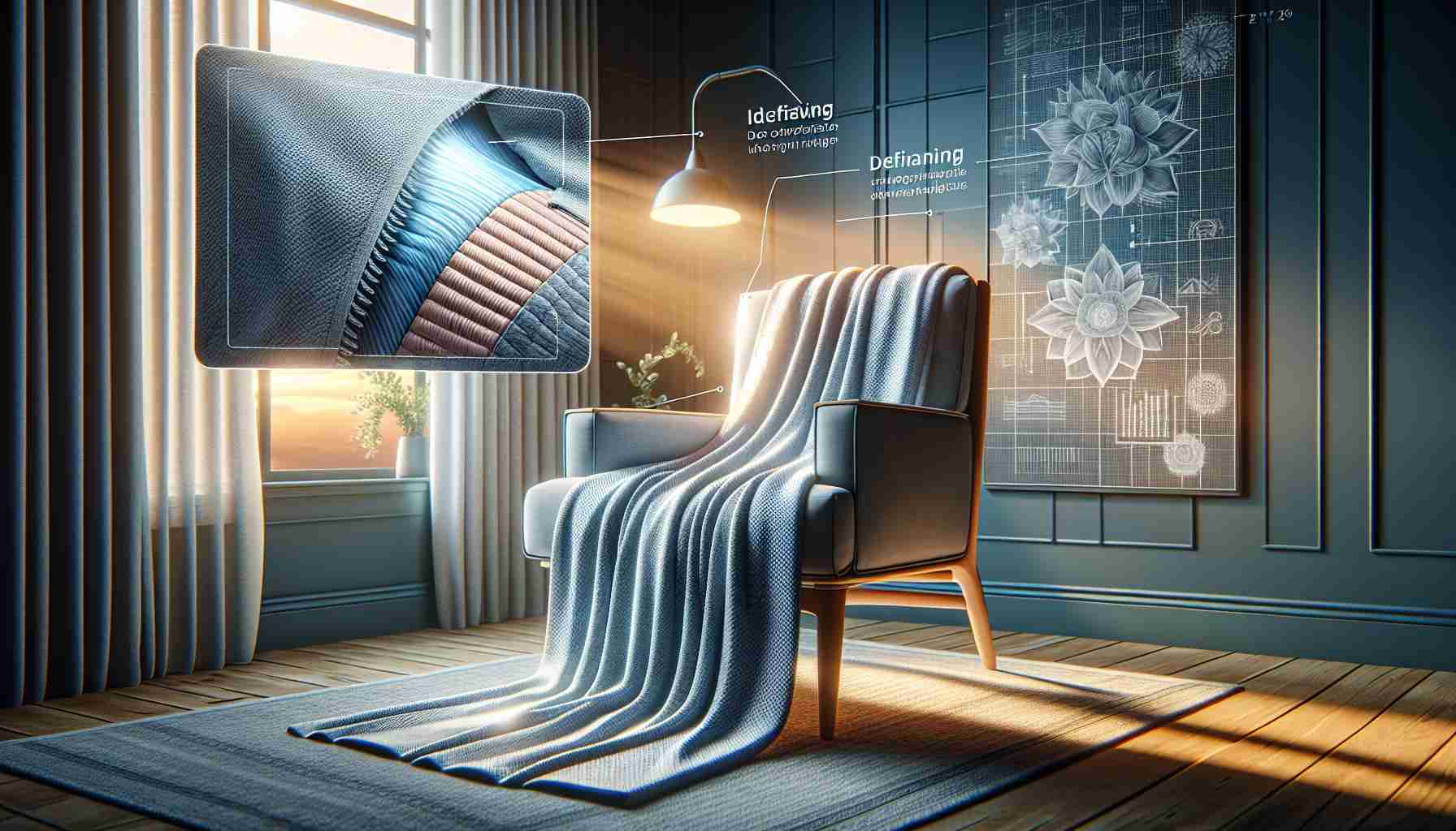 High-definition, realistic illustration of an innovative cooling blanket draped over a comfortable chair, with its key features highlighted. The overall feel of the blanket should be inviting and calming, with specific focus on its unique design elements, like the cooling technology, soft material, and soothing color. It should be folded in a casual yet elegant manner, showing off its thickness and texture, inviting the viewer to experience the ultimate comfort it promises. Additional details like a cozy reading nook nearby, or a soft beam of sunset peeking through window blinds would add to the overall mood of comfort and tranquility.