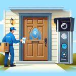 Generate a realistic high-definition image illustrating the essential features of affordable video doorbells. It should prominently display a residential doorbell with a built-in camera, motion sensor, two-way voice communication feature, and a smartphone notification mechanism. It'd be great to also capture the doorbell being pressed by a delivery person wearing a blue uniform. Finally, the surroundings should include a neat, typical suburban house door in the background.