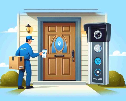 Generate a realistic high-definition image illustrating the essential features of affordable video doorbells. It should prominently display a residential doorbell with a built-in camera, motion sensor, two-way voice communication feature, and a smartphone notification mechanism. It'd be great to also capture the doorbell being pressed by a delivery person wearing a blue uniform. Finally, the surroundings should include a neat, typical suburban house door in the background.