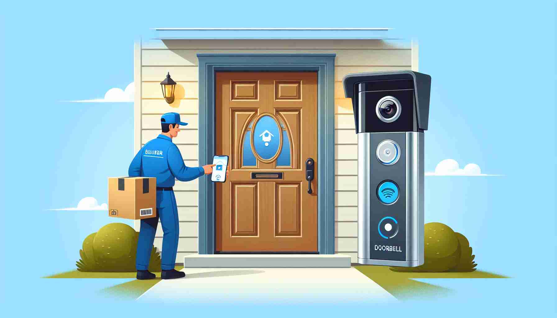 Generate a realistic high-definition image illustrating the essential features of affordable video doorbells. It should prominently display a residential doorbell with a built-in camera, motion sensor, two-way voice communication feature, and a smartphone notification mechanism. It'd be great to also capture the doorbell being pressed by a delivery person wearing a blue uniform. Finally, the surroundings should include a neat, typical suburban house door in the background.